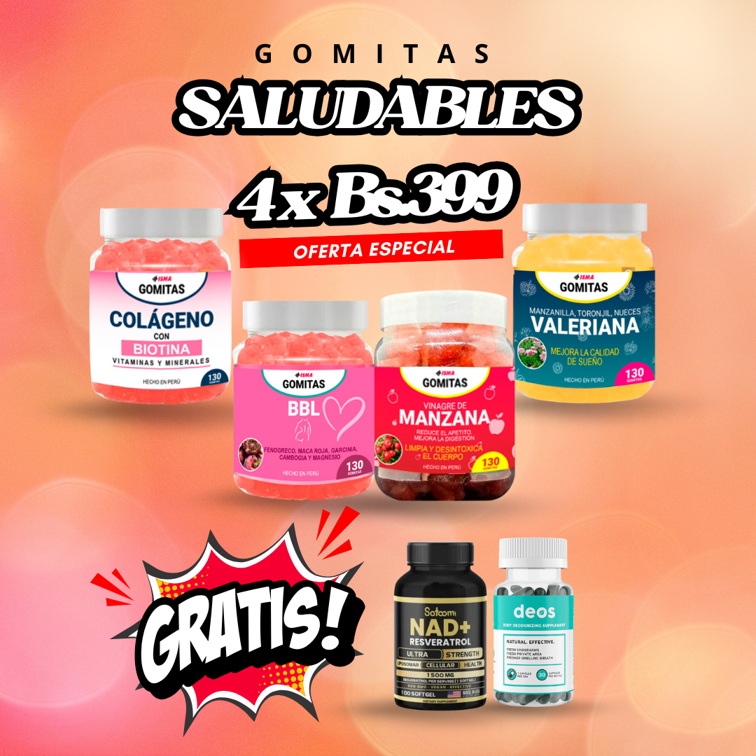 SUPER COMBO Gomitas de Vinagre manzana + Valeriana + BBL + Colágeno + gratis 1 DEOS Y 1 Resveratrol